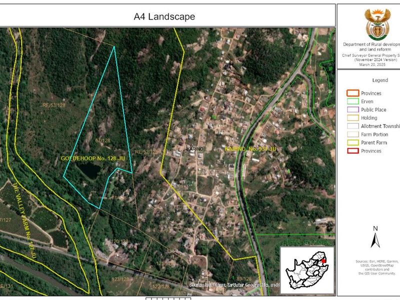 An official cadastral survey map showing the property boundaries and land portion details for Goedehoop No. 128-JU.