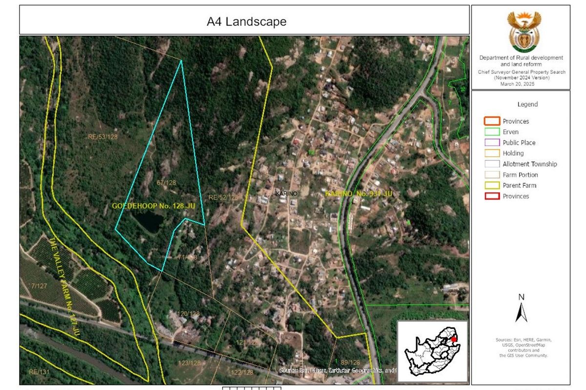 An official cadastral survey map showing the property boundaries and land portion details for Goedehoop No. 128-JU.