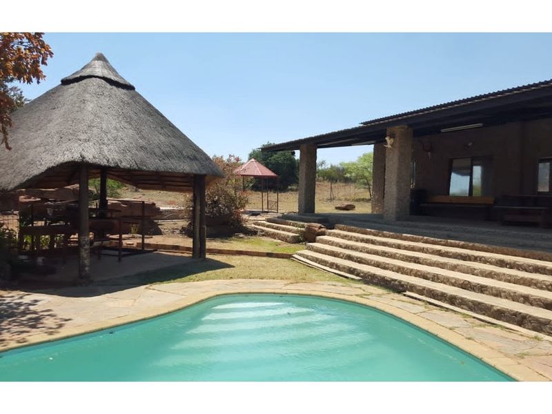 Outdoor entertainment area featuring a swimming pool, a thatched lapa, and a covered patio with stone steps leading to the main residence.