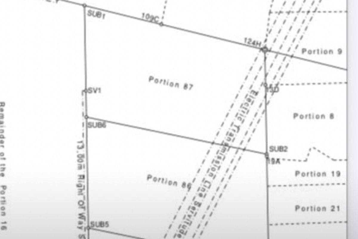 A digital map or survey plan showing property portions and registered servitudes, including an electric transmission line servitude.