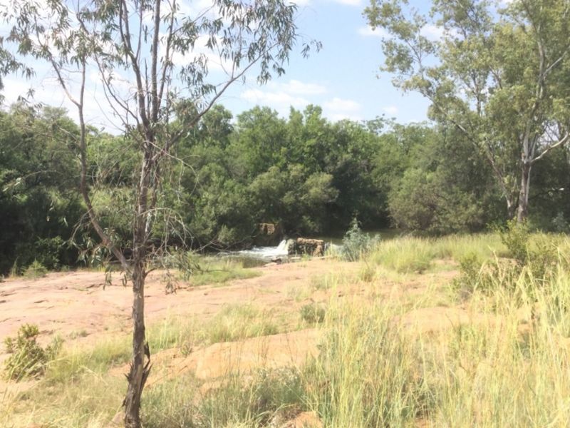 A scenic view of a natural stream flowing through the property, surrounded by native trees and rocky landscape.