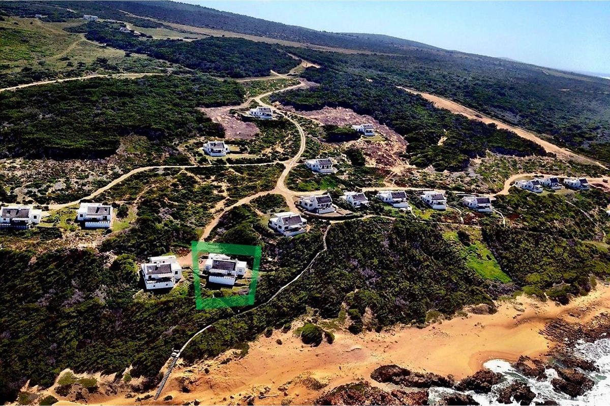 Aerial view of a coastal residential estate featuring detached homes nestled within natural vegetation near the beach.