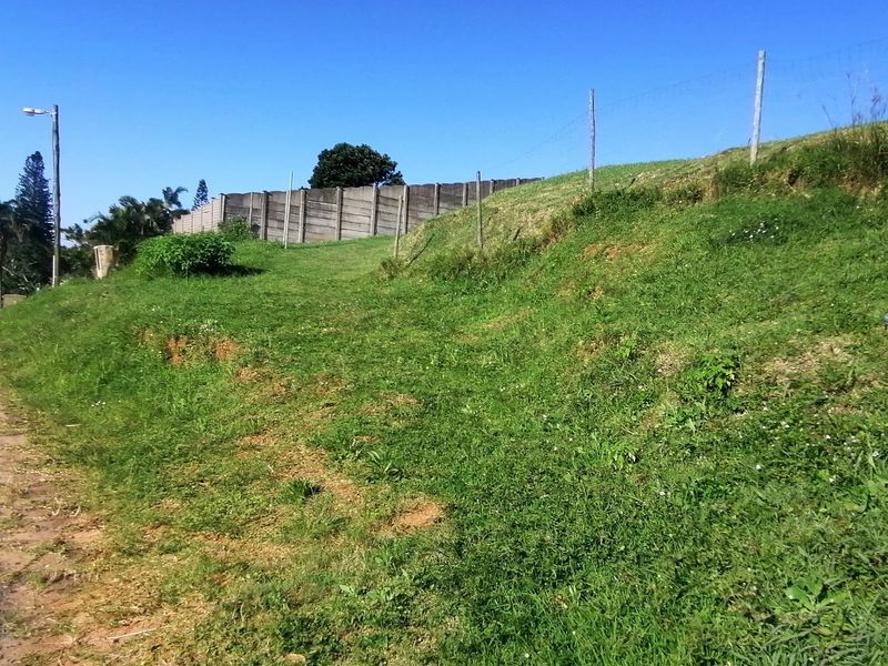 A view of a vacant residential plot featuring a sloped grassy area, concrete boundary wall, and wire mesh fencing along the perimeter.
