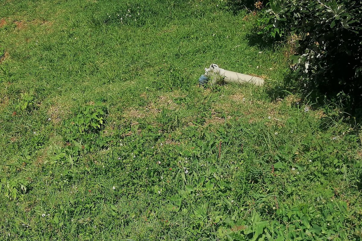 A view of the residential land featuring a grassy area with an exposed irrigation pipe.