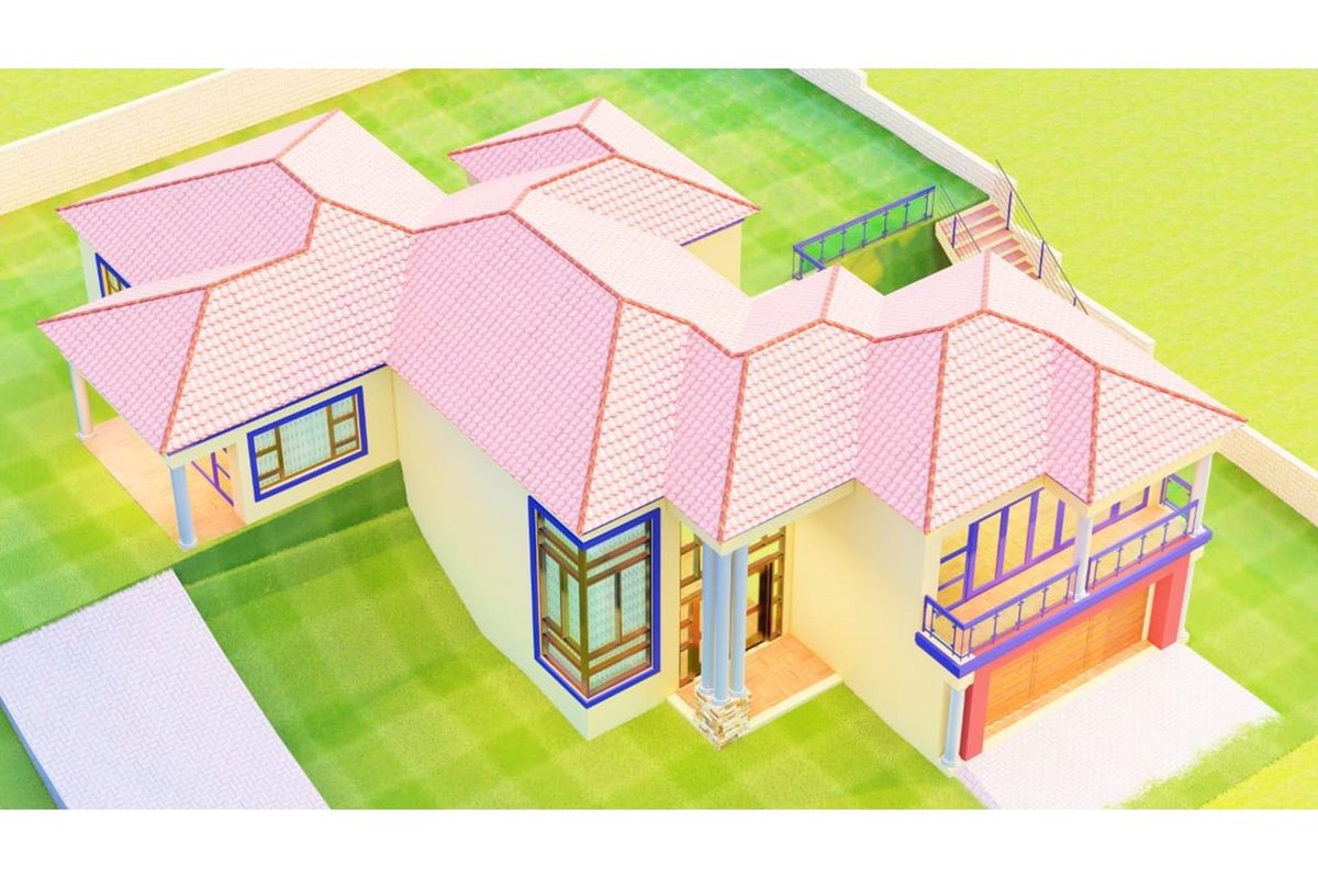 An aerial 3D architectural rendering of a residential property featuring a tiled roof, balcony, and attached garage.