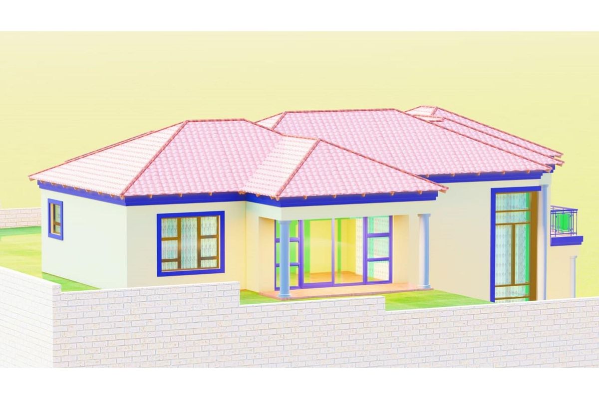 A 3D architectural rendering of a residential property featuring a tiled roof, brick boundary wall, and a covered patio area.