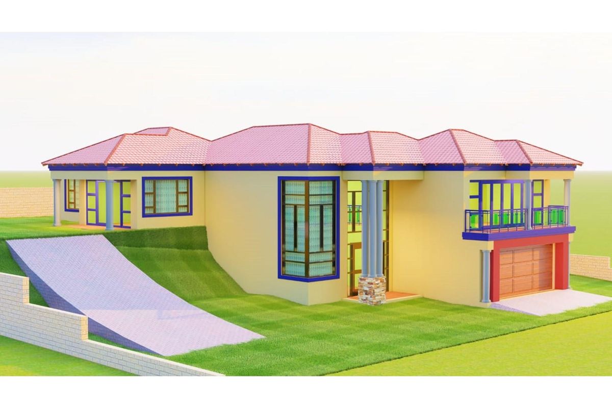 A 3D architectural render of a residential property featuring a tiled roof, integrated garage, and balcony.