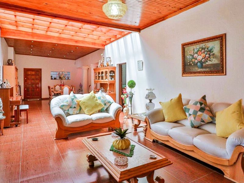 Spacious open-plan living and dining area featuring a distinctive timber-clad ceiling, tiled flooring, and natural light from a side glass block wall.