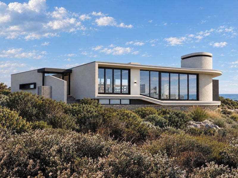 Modern coastal residence featuring expansive glass walls, stone masonry detailing, and a unique cylindrical architectural element set within a natural landscape.