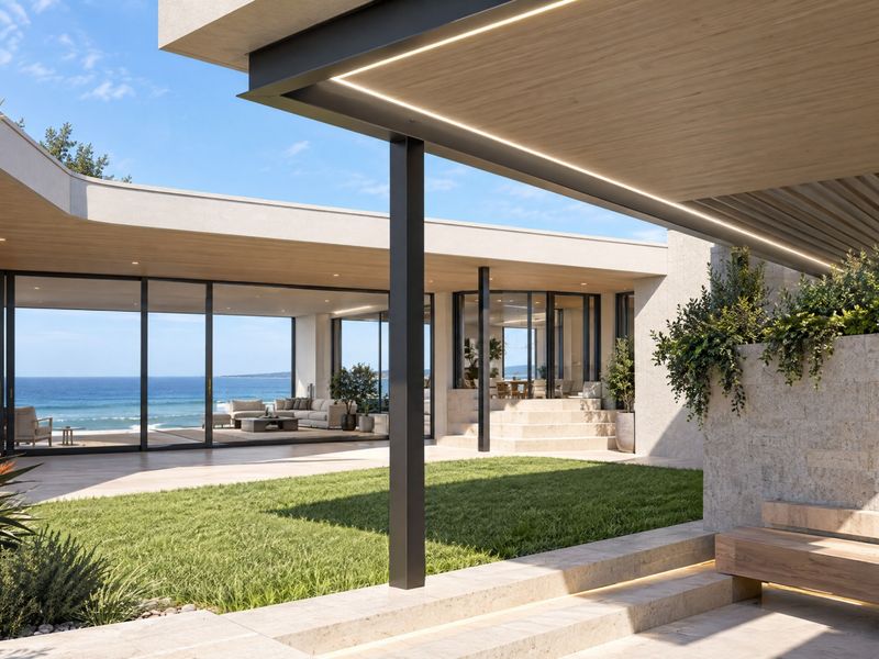 A luxurious covered patio featuring stone finishes, recessed lighting, and seamless indoor-outdoor flow with expansive ocean views.