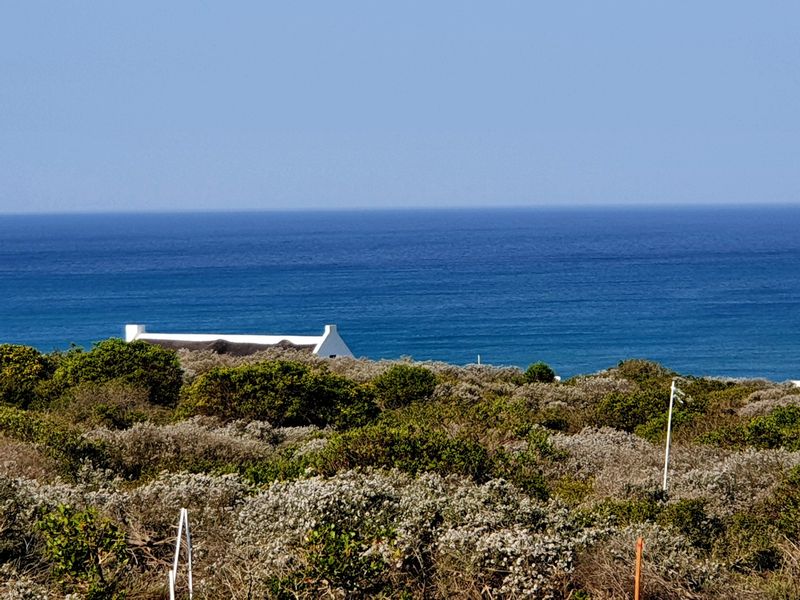 A scenic view of the ocean overlooking natural coastal vegetation and a distant rooftop.