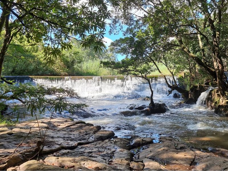A scenic view of a natural waterfall and rocky riverbed surrounded by lush mature trees on the farm property.