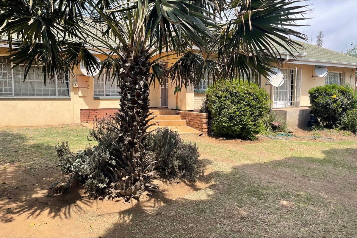 A view of the rear exterior of the house featuring a garden area, mature palm tree, and brick-stepped entrance.