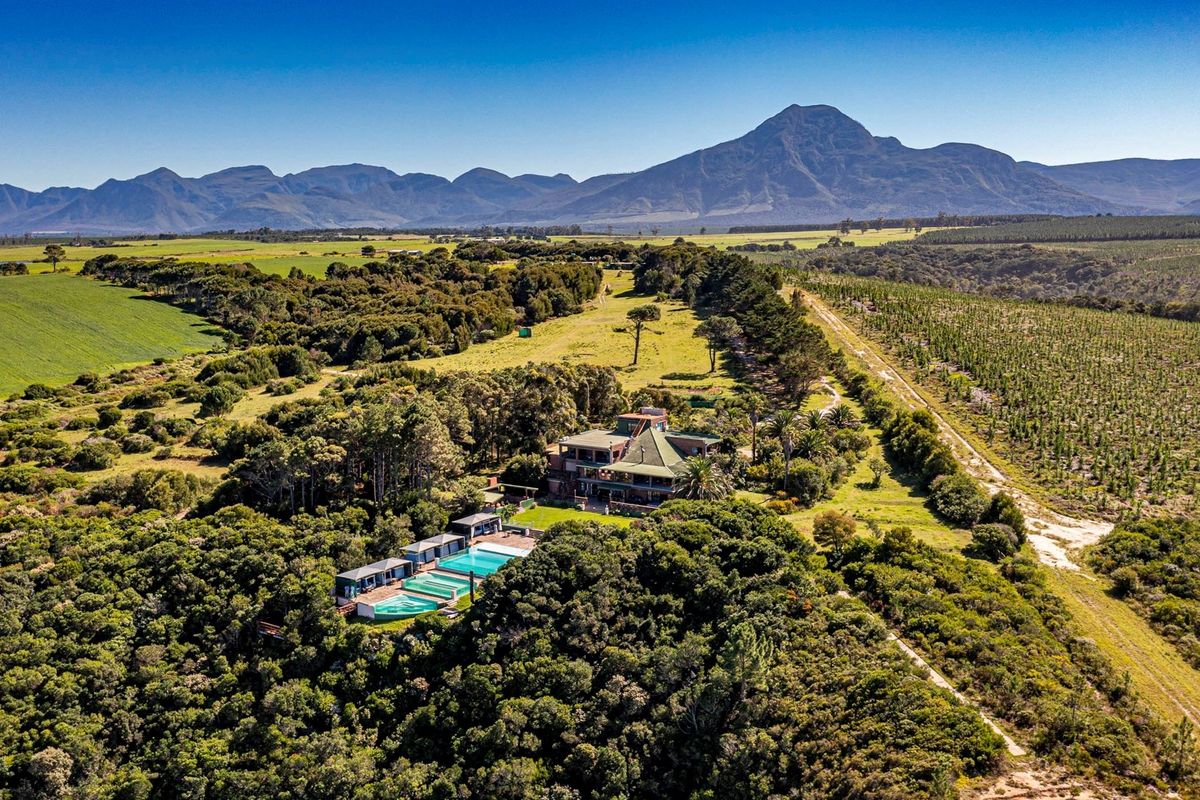 Aerial view of a sprawling farm property featuring a main residence, swimming pool, and extensive landscaped grounds set against a mountain backdrop.