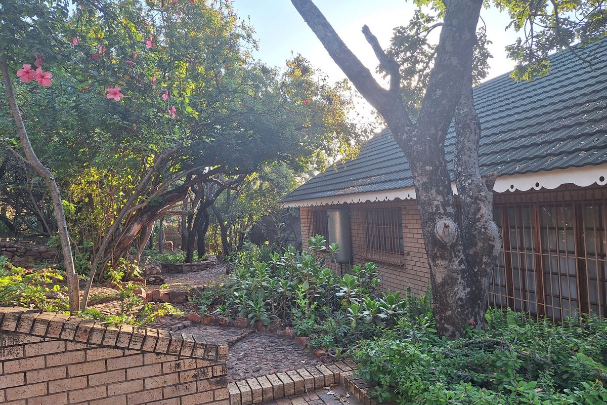 A view of the rear garden featuring established trees, landscaped pathways, and the brick exterior of the house with security bars on windows.