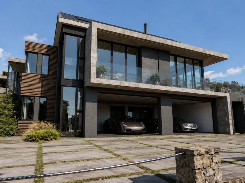 Modern architectural residence featuring a concrete facade, expansive floor-to-ceiling windows, glass balustrades, and a spacious integrated double garage.