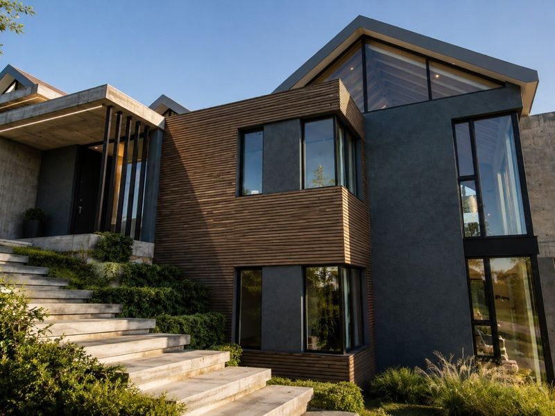 Modern architectural home featuring a striking combination of exposed concrete, timber cladding, and expansive glass windows with a grand concrete staircase entrance.