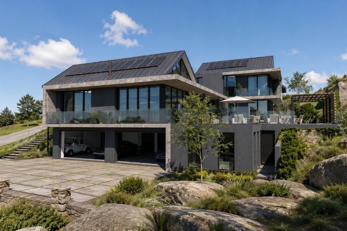Modern multi-level residence featuring a dark facade, expansive glass balustrades, integrated solar panels, and a spacious concrete driveway with an attached multi-car garage.