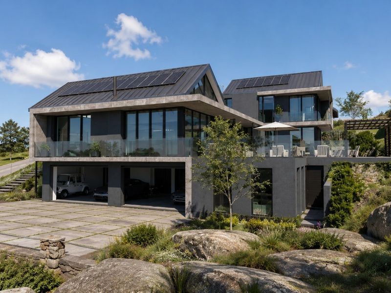 Modern multi-level residence featuring a dark facade, expansive glass balustrades, integrated solar panels, and a spacious concrete driveway with an attached multi-car garage.