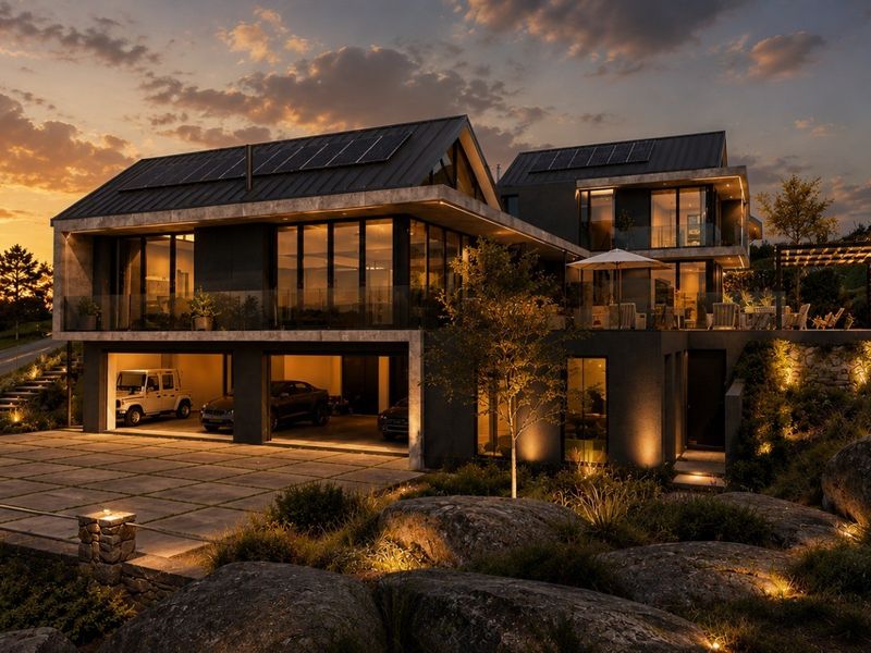 Modern multi-level luxury residence featuring a sleek metal roof, solar panels, expansive glass facades, and an integrated garage set within a landscaped rocky terrain.