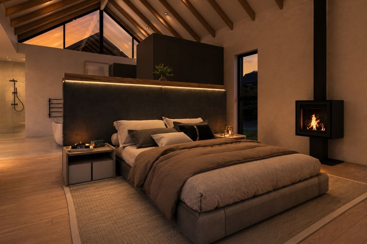 A luxurious master bedroom featuring a vaulted ceiling with exposed beams, a modern fireplace, and an open-plan en-suite bathroom with high-end finishes.