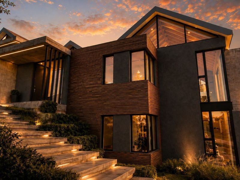 A striking modern architectural home featuring timber cladding, exposed concrete, and expansive glass windows, illuminated by integrated lighting at dusk.