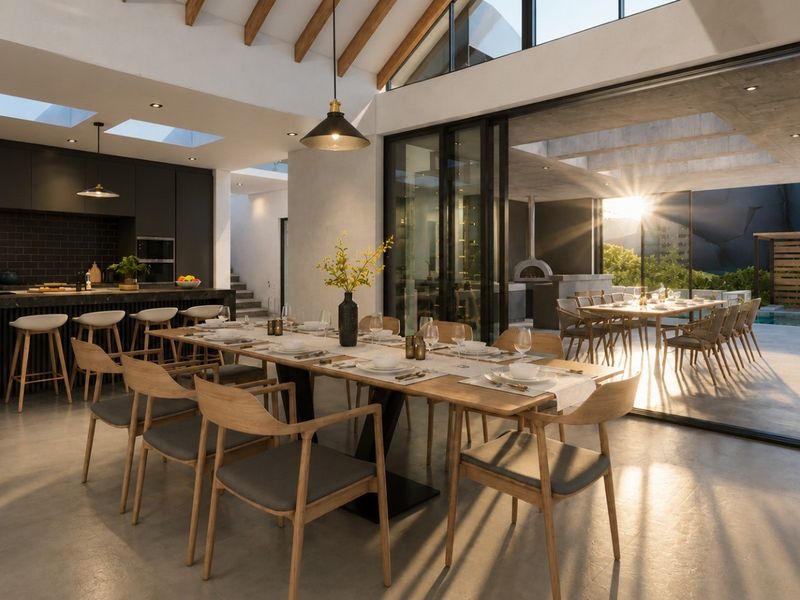Spacious open-plan living and dining area featuring high vaulted ceilings with exposed beams, modern kitchen, and seamless indoor-outdoor flow through large sliding glass doors.