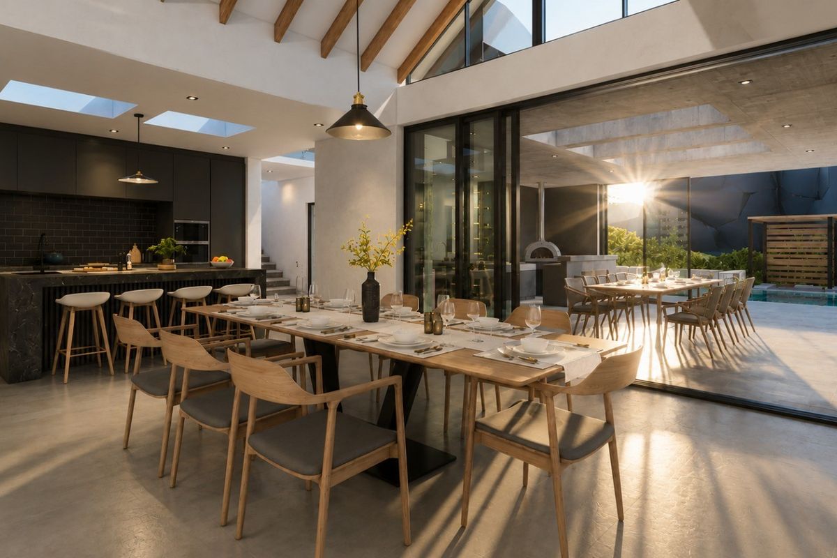 Spacious open-plan living and dining area featuring high vaulted ceilings with exposed beams, modern kitchen, and seamless indoor-outdoor flow through large sliding glass doors.