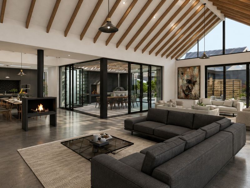 Spacious open-plan living area featuring vaulted ceilings with exposed timber rafters, polished concrete floors, a modern fireplace, and seamless indoor-outdoor flow.