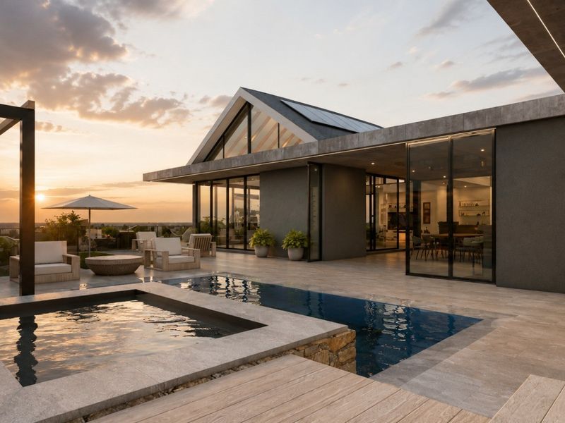 A modern outdoor living area featuring a sleek swimming pool, stone-tiled patio, pergola, and expansive glass doors leading into the home.