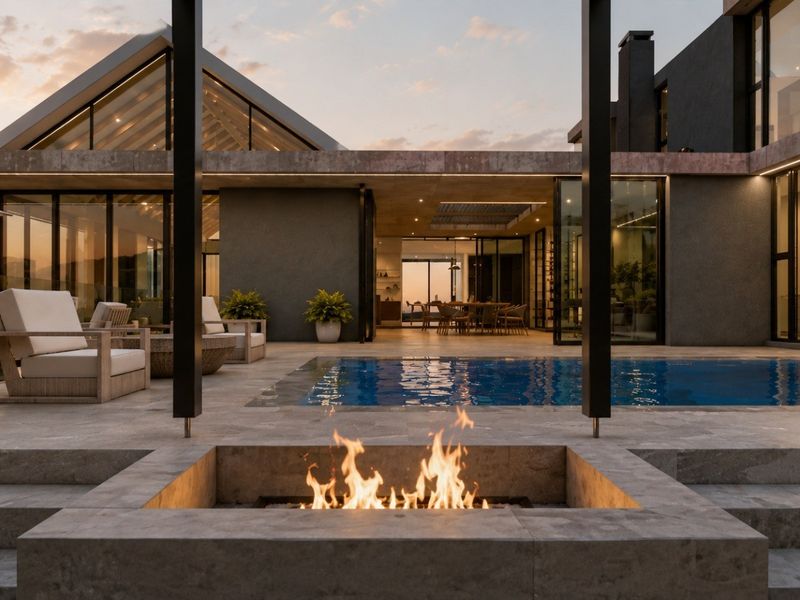 Luxury outdoor entertainment area featuring a swimming pool, sunken fire pit, and seamless indoor-outdoor flow through large glass sliding doors.