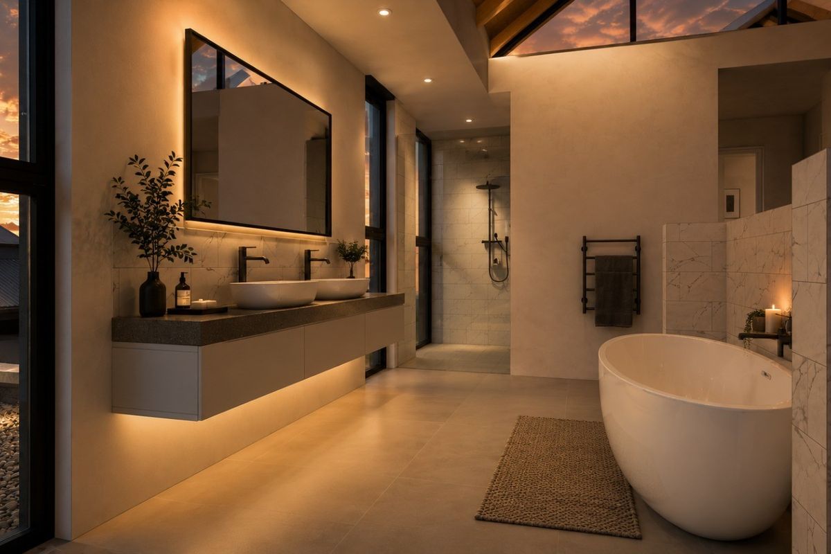 Modern luxury bathroom featuring a double vanity, freestanding bathtub, walk-in shower, and ambient lighting with large windows overlooking the exterior.