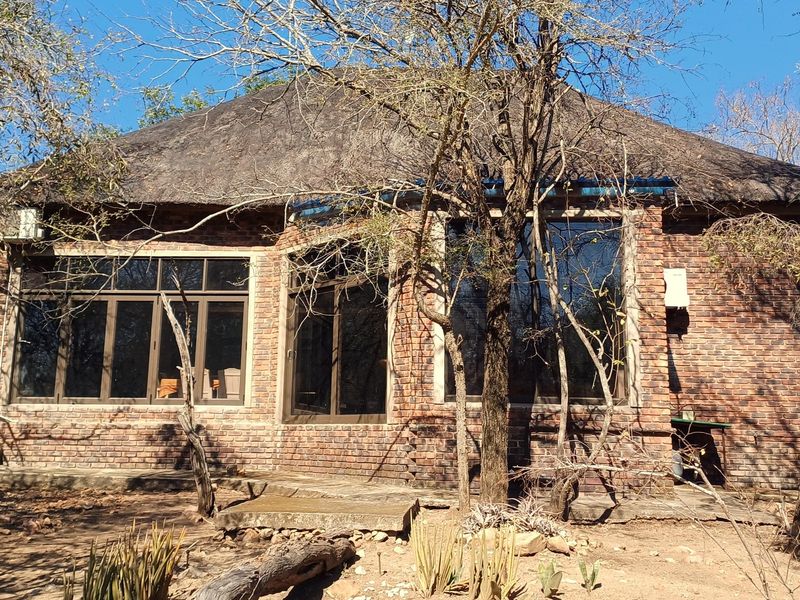 Rear view of a face brick house featuring a traditional thatched roof, large aluminium-framed windows, and sliding doors leading onto a concrete patio area.