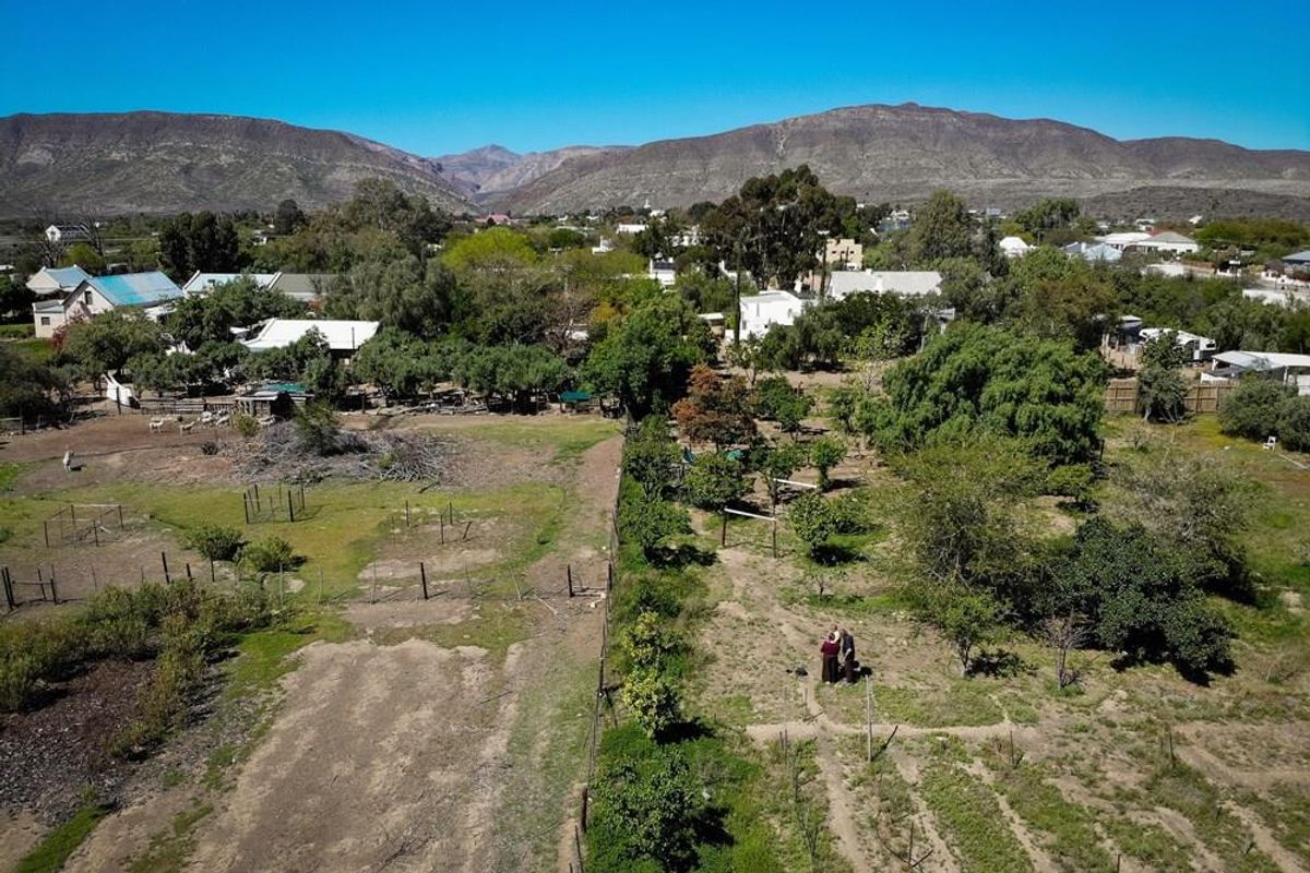 An aerial view of the small holding property, showcasing the expansive garden area, established trees, and surrounding landscape with mountain views.