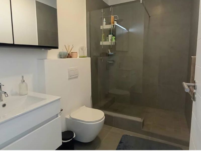 Modern bathroom featuring a wall-hung toilet, vanity with basin, mirrored medicine cabinet, and a spacious walk-in shower with a glass screen.