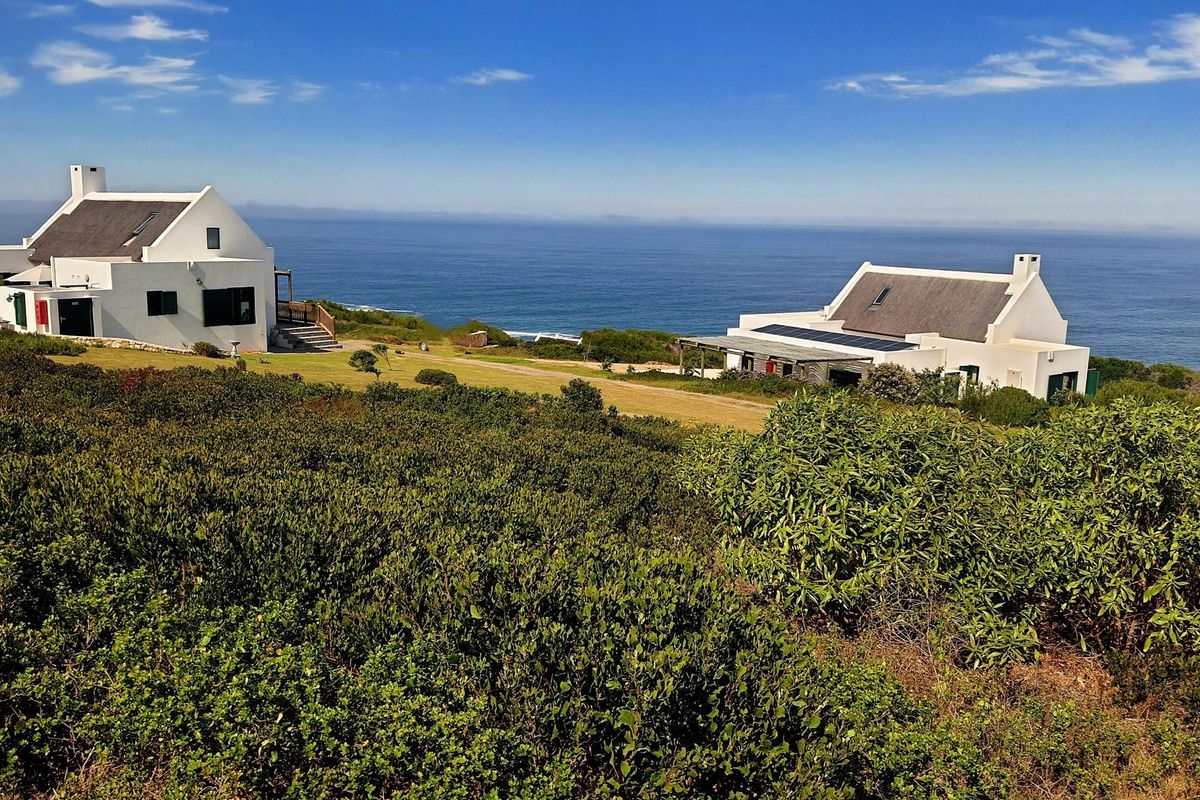 Elevated coastal view featuring two white residential structures with thatched roofs, set within a natural landscape overlooking the ocean.