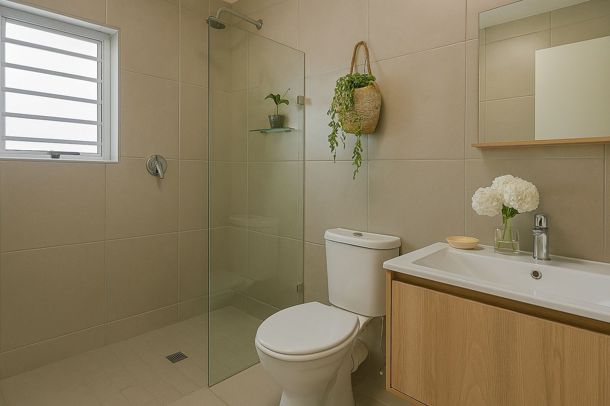 Modern bathroom featuring a walk-in glass shower, wall-mounted toilet, and a vanity unit with a basin and mirror.