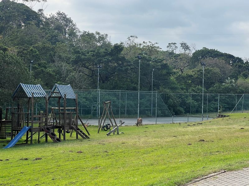A spacious residential plot featuring a fenced sports court, established trees, and a children's playground area set within a natural landscape.
