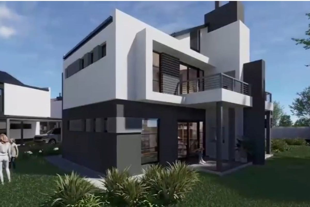 A modern two-story residential building featuring a contemporary architectural design with a balcony, clean lines, and a neutral color palette.