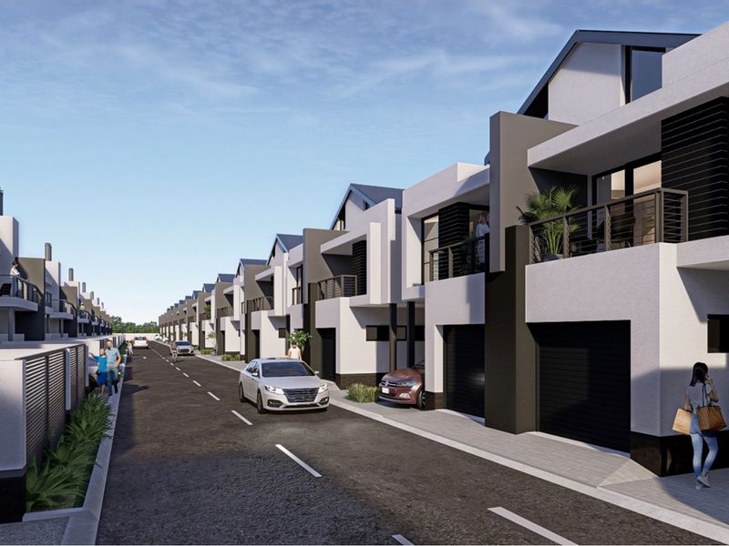 A street-level perspective of a modern residential apartment complex featuring contemporary architectural design, private balconies, and integrated garage access.