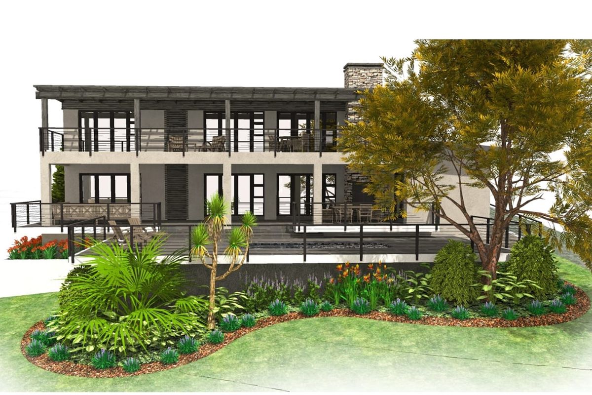 A 3D architectural rendering of a modern two-story residential property featuring a spacious rear patio, balcony, stone chimney, and landscaped garden.