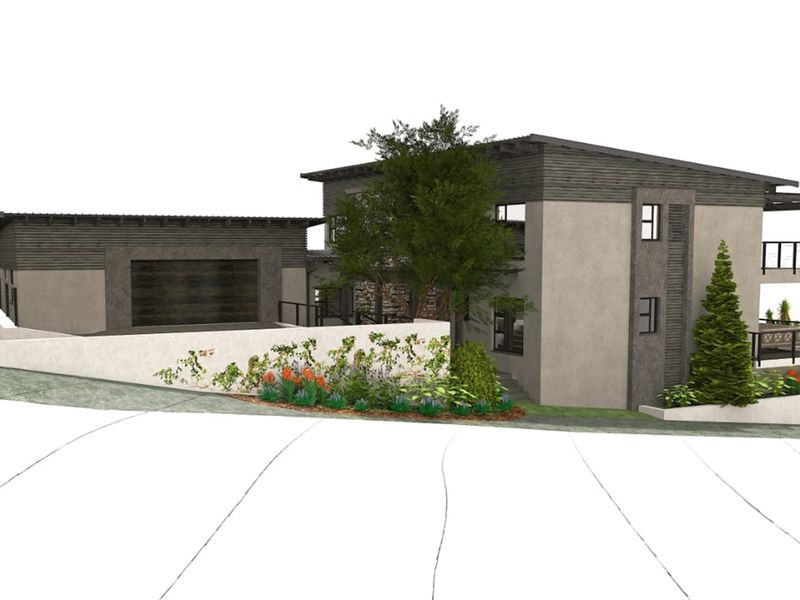 A 3D architectural rendering of a modern residential property featuring a garage, stone and timber facade elements, and a balcony.