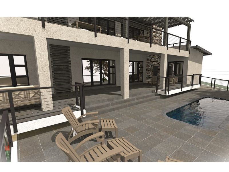 A 3D architectural rendering of a rear exterior featuring a swimming pool, tiled patio area, and a multi-level balcony with stone accents.