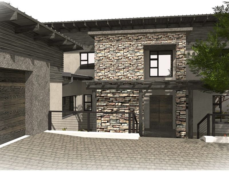 A modern architectural rendering of a residential front facade featuring stone and timber cladding, a paved driveway, and a covered entrance.