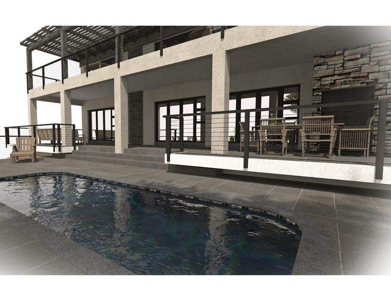 A modern outdoor living space featuring a swimming pool, stone-paved patio, and a covered terrace with stone accents.