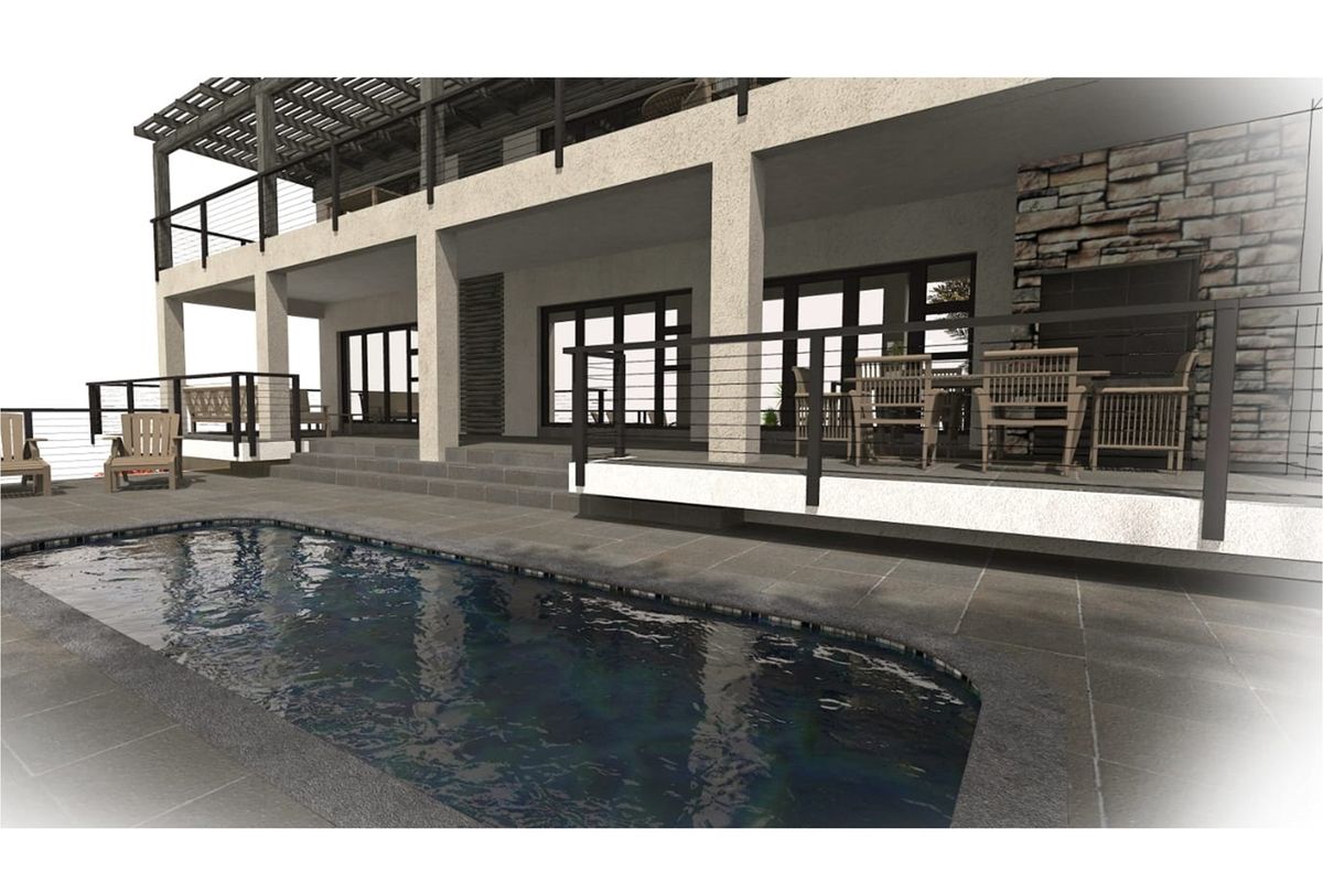 A modern outdoor living space featuring a swimming pool, stone-paved patio, and a covered terrace with stone accents.