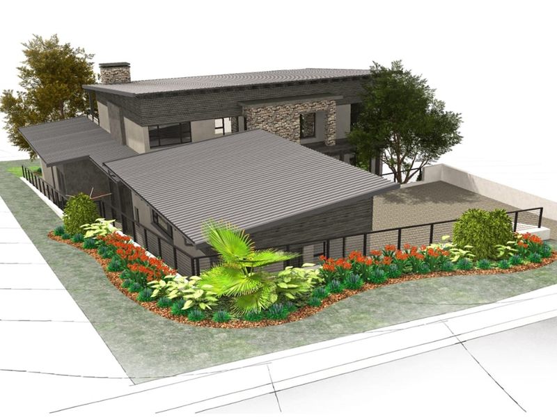 An architectural 3D rendering of a modern residential property featuring a metal roof, stone accents, and landscaped garden beds.