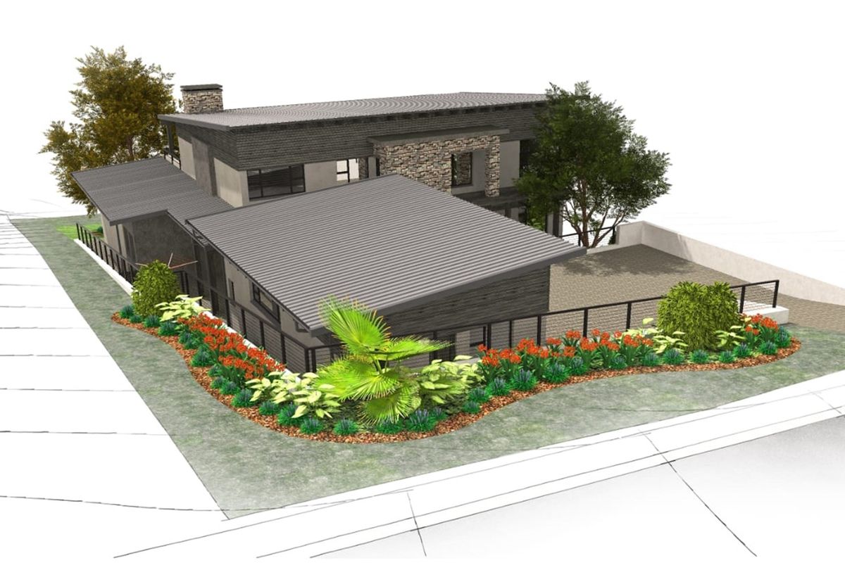 An architectural 3D rendering of a modern residential property featuring a metal roof, stone accents, and landscaped garden beds.