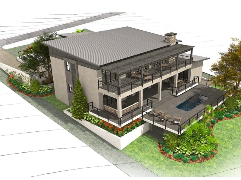 An aerial 3D architectural rendering of a modern multi-level residential property featuring a swimming pool, expansive balconies, and landscaped garden areas.