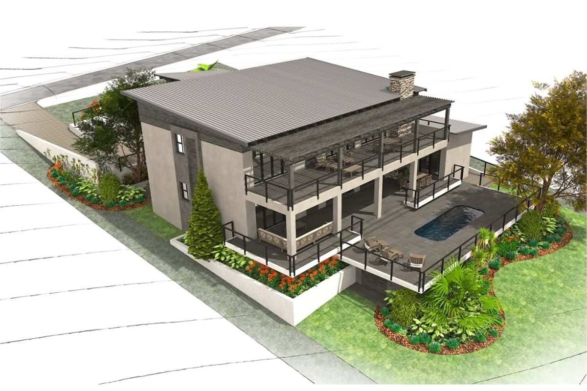 An aerial 3D architectural rendering of a modern multi-level residential property featuring a swimming pool, expansive balconies, and landscaped garden areas.